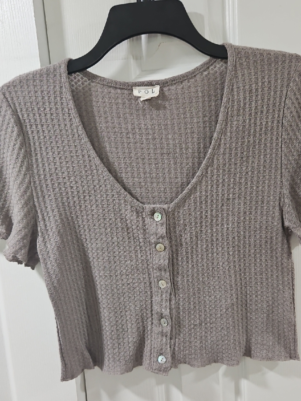 POL Taupe Waffle Knit Short Sleeve Crop Top with Buttons See Description